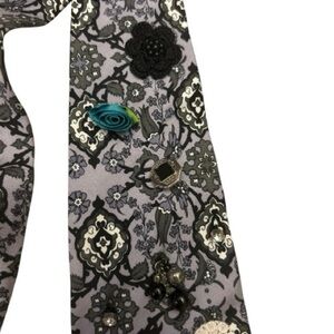 Silk Men’s Tie Black Charcoal Floral Pattern with Pins Flowers Punk Grunge